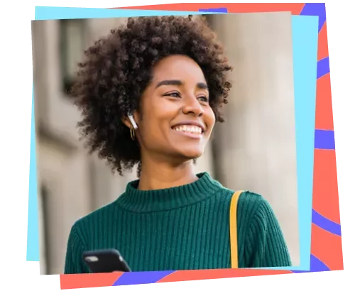 Smiling woman wearing earbuds and a green sweater, framed by colorful shapes.